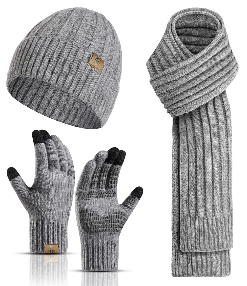 1828 Winter Scarf with Beanie Hat and Touchscreen Gloves Set Warm Cap